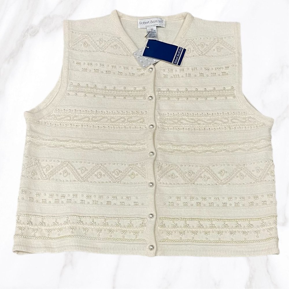 Robert Scott Women's Vintage Deadstock Ivory Hand Beaded Lambswool Vest, Size L
